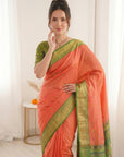 Peach Premium Soft Silk Saree Designer Party Wear Saree With Gold Zari Peacock Motifs Meenakari Pallu Wedding Festive Saree