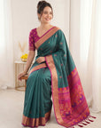 PGREEN Premium Soft Silk Saree Designer Party Wear Saree With Gold Zari Peacock Motifs Meenakari Pallu Wedding Festive Saree