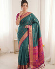 PGREEN Premium Soft Silk Saree Designer Party Wear Saree With Gold Zari Peacock Motifs Meenakari Pallu Wedding Festive Saree