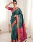 PGREEN Premium Soft Silk Saree Designer Party Wear Saree With Gold Zari Peacock Motifs Meenakari Pallu Wedding Festive Saree