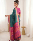 PGREEN Premium Soft Silk Saree Designer Party Wear Saree With Gold Zari Peacock Motifs Meenakari Pallu Wedding Festive Saree