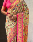 Cream Luxury Original Brocade Paithani Tissue Saree with Traditional Motifs  Meenakari Pallu Jaal Zari Woven Saree