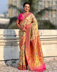 Cream Luxury Original Brocade Paithani Tissue Saree with Traditional Motifs  Meenakari Pallu Jaal Zari Woven Saree