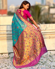 Blue Luxury Original Brocade Paithani Tissue Saree with Traditional Motifs  Meenakari Pallu Jaal Zari Woven Saree