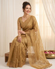 Gold Pure Organza Silk Saree Designer Party Wear Saree With Sequins Work Cutwork Border Wedding Festive Saree