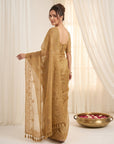 Gold Pure Organza Silk Saree Designer Party Wear Saree With Sequins Work Cutwork Border Wedding Festive Saree