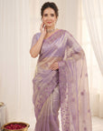 Lavender Pure Organza Silk Saree Designer Party Wear Saree With Sequins Work Cutwork Border Wedding Festive Saree