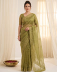 Mehendi Pure Organza Silk Saree Designer Party Wear Saree With Sequins Work Cutwork Border Wedding Festive Saree