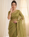 Mehendi Pure Organza Silk Saree Designer Party Wear Saree With Sequins Work Cutwork Border Wedding Festive Saree