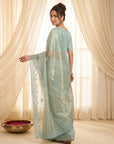 Sky Pure Organza Silk Saree Designer Party Wear Saree With Sequins Work Cutwork Border Wedding Festive Saree