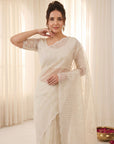 Cream Pure Organza Silk Crush Saree Designer Party Wear Saree With Multi Work Embroidered Cutwork Border Wedding Festive Saree