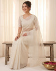 Cream Pure Organza Silk Crush Saree Designer Party Wear Saree With Multi Work Embroidered Cutwork Border Wedding Festive Saree