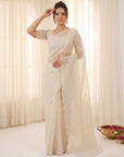 Cream Pure Organza Silk Crush Saree Designer Party Wear Saree With Multi Work Embroidered Cutwork Border Wedding Festive Saree