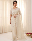 Cream Pure Organza Silk Crush Saree Designer Party Wear Saree With Multi Work Embroidered Cutwork Border Wedding Festive Saree