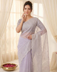 Lavender Pure Organza Silk Crush Saree Designer Party Wear Saree With Multi Work Embroidered Cutwork Border Wedding Festive Saree