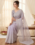 Lavender Pure Organza Silk Crush Saree Designer Party Wear Saree With Multi Work Embroidered Cutwork Border Wedding Festive Saree
