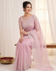 Pink Pure Organza Silk Crush Saree Designer Party Wear Saree With Multi Work Embroidered Cutwork Border Wedding Festive Saree