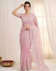 Pink Pure Organza Silk Crush Saree Designer Party Wear Saree With Multi Work Embroidered Cutwork Border Wedding Festive Saree