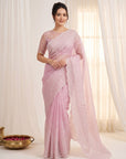 Pink Pure Organza Silk Crush Saree Designer Party Wear Saree With Multi Work Embroidered Cutwork Border Wedding Festive Saree