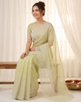 Pista Pure Organza Silk Crush Saree Designer Party Wear Saree With Multi Work Embroidered Cutwork Border Wedding Festive Saree