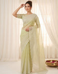 Pista Pure Organza Silk Crush Saree Designer Party Wear Saree With Multi Work Embroidered Cutwork Border Wedding Festive Saree