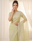 Pista Pure Organza Silk Crush Saree Designer Party Wear Saree With Multi Work Embroidered Cutwork Border Wedding Festive Saree