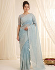 Sky Pure Organza Silk Crush Saree Designer Party Wear Saree With Multi Work Embroidered Cutwork Border Wedding Festive Saree
