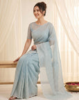 Sky Pure Organza Silk Crush Saree Designer Party Wear Saree With Multi Work Embroidered Cutwork Border Wedding Festive Saree