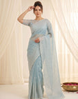 Sky Pure Organza Silk Crush Saree Designer Party Wear Saree With Multi Work Embroidered Cutwork Border Wedding Festive Saree