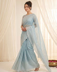 Sky Pure Organza Silk Crush Saree Designer Party Wear Saree With Multi Work Embroidered Cutwork Border Wedding Festive Saree