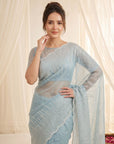 Sky Pure Organza Silk Crush Saree Designer Party Wear Saree With Multi Work Embroidered Cutwork Border Wedding Festive Saree