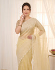 Yellow Pure Organza Silk Crush Saree Designer Party Wear Saree With Multi Work Embroidered Cutwork Border Wedding Festive Saree
