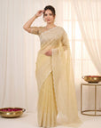 Yellow Pure Organza Silk Crush Saree Designer Party Wear Saree With Multi Work Embroidered Cutwork Border Wedding Festive Saree
