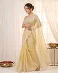 Yellow Pure Organza Silk Crush Saree Designer Party Wear Saree With Multi Work Embroidered Cutwork Border Wedding Festive Saree
