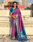 Premium Soft Silk Ikat Weave Pichwai Pallu Saree with Contrast Brocade Blouse