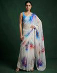Blue Fendy Satin Floral Printed Saree with Handwork Embroidery and Cutwork Aari Border