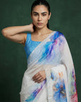 Blue Fendy Satin Floral Printed Saree with Handwork Embroidery and Cutwork Aari Border