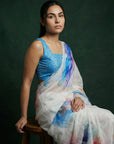 Blue Fendy Satin Floral Printed Saree with Handwork Embroidery and Cutwork Aari Border