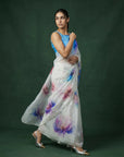 Blue Fendy Satin Floral Printed Saree with Handwork Embroidery and Cutwork Aari Border