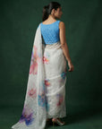 Blue Fendy Satin Floral Printed Saree with Handwork Embroidery and Cutwork Aari Border