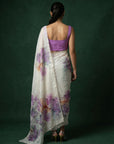 Lavender Fendy Satin Floral Printed Saree with Handwork Embroidery and Cutwork Aari Border