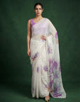 Lavender Fendy Satin Floral Printed Saree with Handwork Embroidery and Cutwork Aari Border