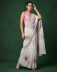 Pink Fendy Satin Floral Printed Saree with Handwork Embroidery and Cutwork Aari Border