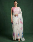 Pink Fendy Satin Floral Printed Saree with Handwork Embroidery and Cutwork Aari Border