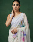 Sky Fendy Satin Floral Printed Saree with Handwork Embroidery and Cutwork Aari Border
