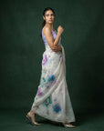 Sky Fendy Satin Floral Printed Saree with Handwork Embroidery and Cutwork Aari Border