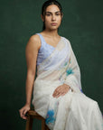 Sky Fendy Satin Floral Printed Saree with Handwork Embroidery and Cutwork Aari Border
