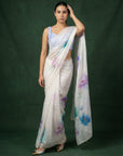 Sky Fendy Satin Floral Printed Saree with Handwork Embroidery and Cutwork Aari Border