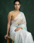 Yellow Fendy Satin Floral Printed Saree with Handwork Embroidery and Cutwork Aari Border