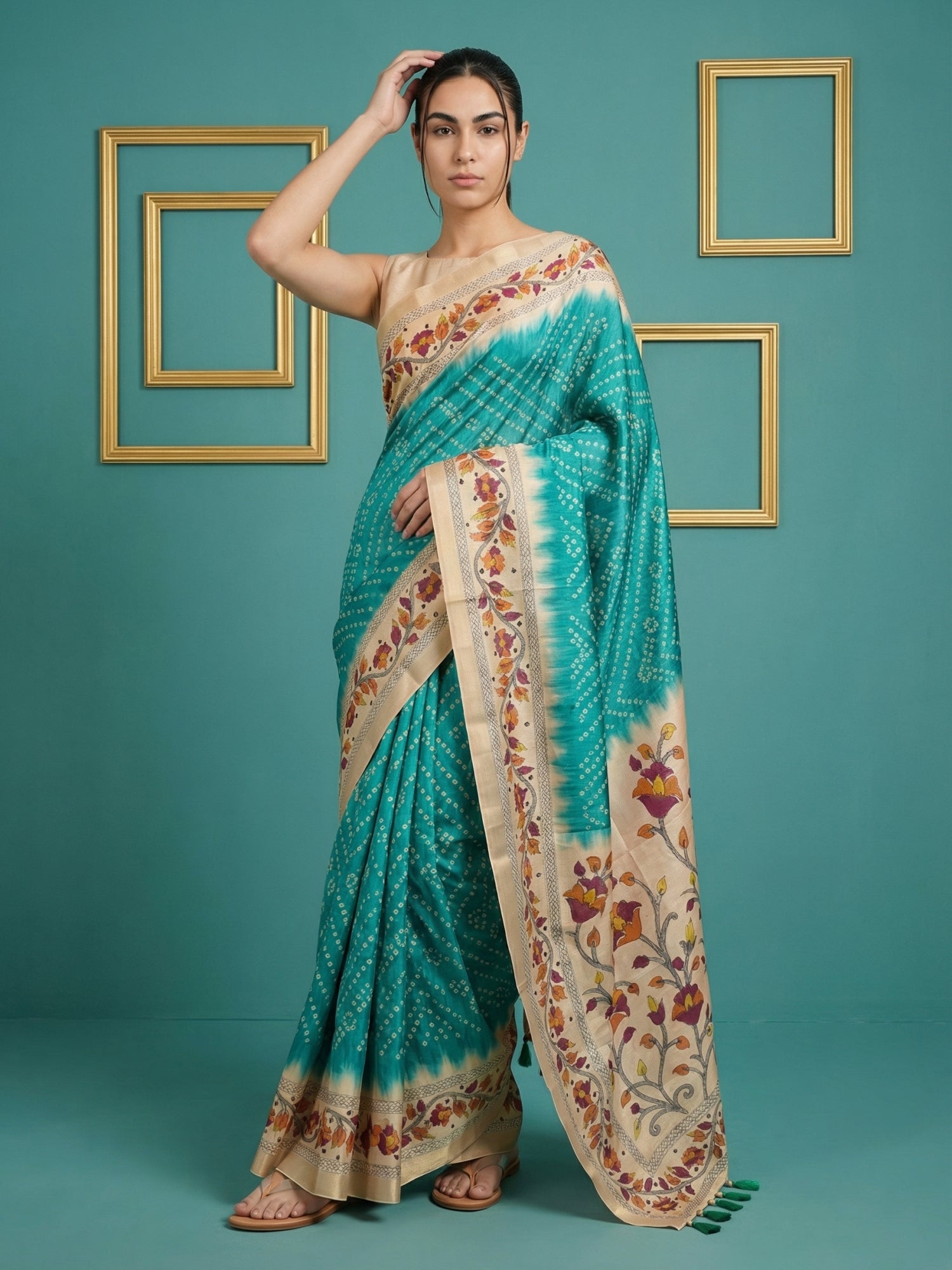 Rama Soft Tussar Silk Saree Bandhani Floral Print Zari Border Traditional Saree With Blouse